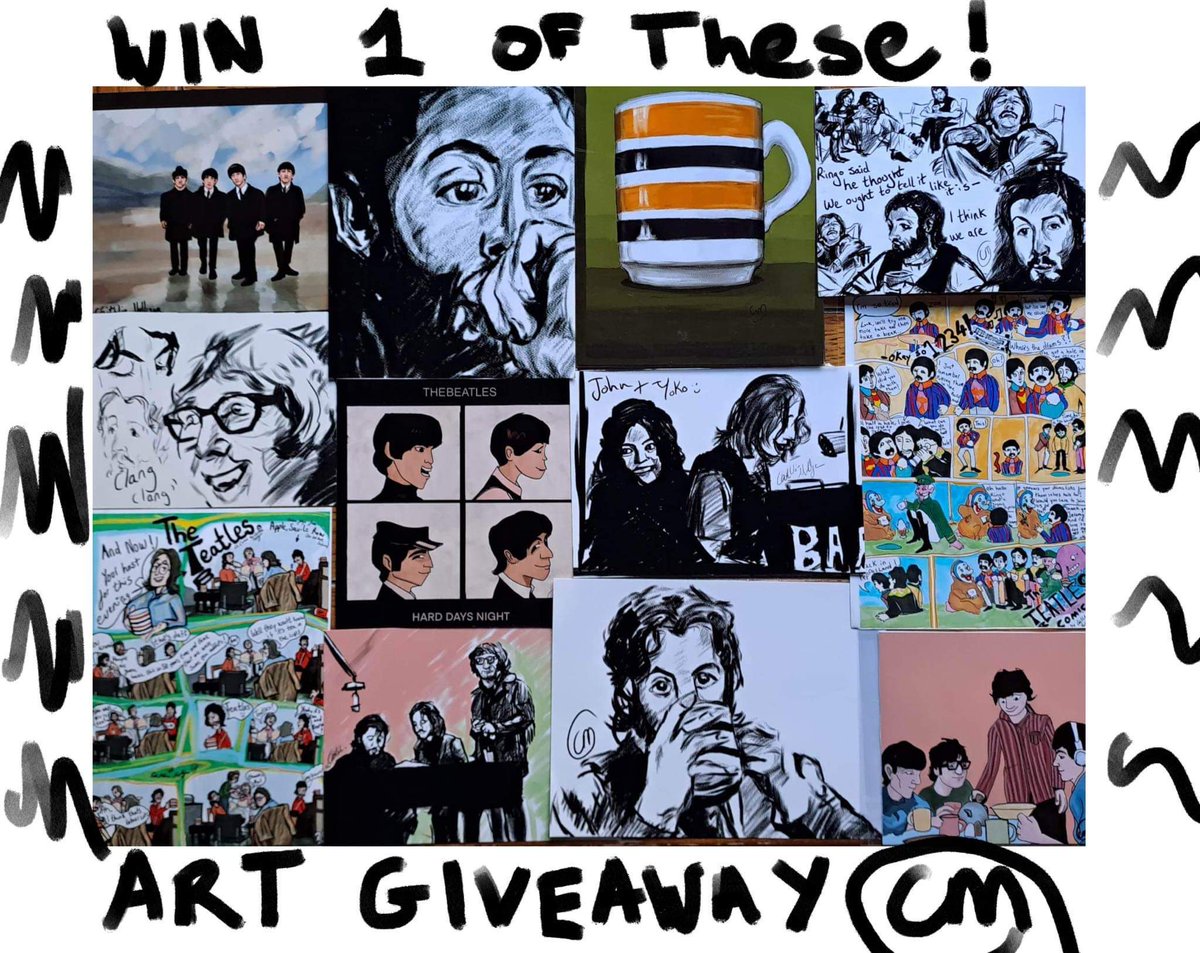 So let's do another GlVEAWAY! 
                   ⭐️⭐️⭐️⭐️
Please retweet this post to win one of these art prints in the image below 👇 
                  Plus, an original linoprint by me of one of The Beatles ! 
 (All these are for sale, dm to buy)