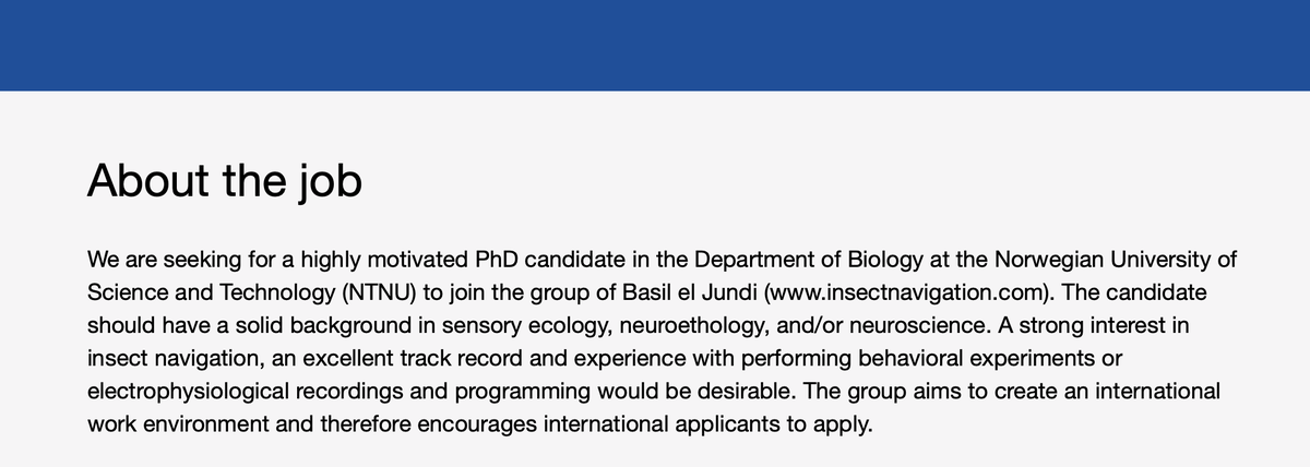 Come join our Animal Physiology Section @NTNUNaturalSci. My colleague Basil el Jundi is announcing a PhD candidate position to investigate how monarch butterflies are able to migrate thousands of kilometres and find their way to specific trees in Mexico. 

jobbnorge.no/en/available-j…