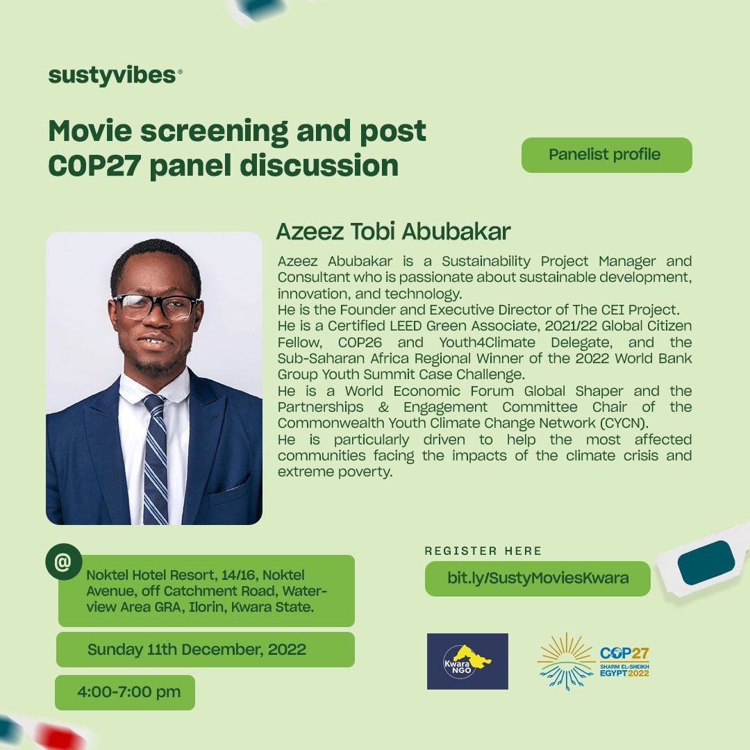 SustyVibes's tweet photo. Meet our panelists! 

On Sunday, we'd be hosting a movie screening in Kwara featuring a post-COP27 panel with @azeezt_abubakar @DaRadioGeneral 💚

Join us, use this link https://t.co/QjTsrHNSS3 to save your seat. 💚

#SustyVibes #SustyVibesKwara #SVCOP27 https://t.co/PMo68Rg7CQ