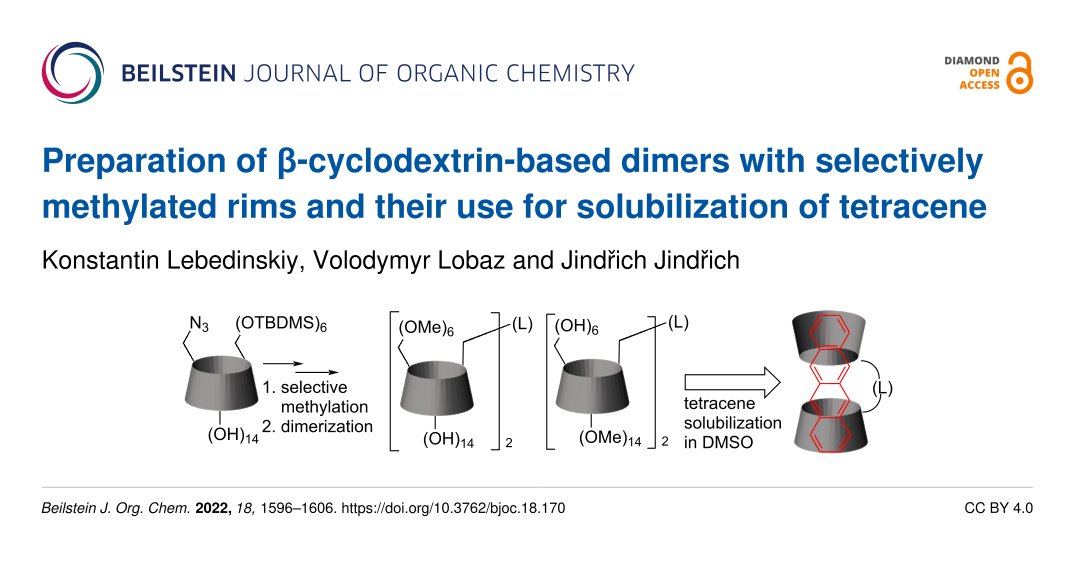 BeilsteinInst's tweet photo. Researchers in Prague 🇨🇿 prepared four new #cyclodextrin (CD) #dimers from 6-azido partially methylated β-CD derivatives with two types of spacers between CD moieties.
#methylation #solubilization #tetracene
🔗 https://t.co/rEotwHFkh0
💎🔓 #BJOC https://t.co/hKpeydI5sM