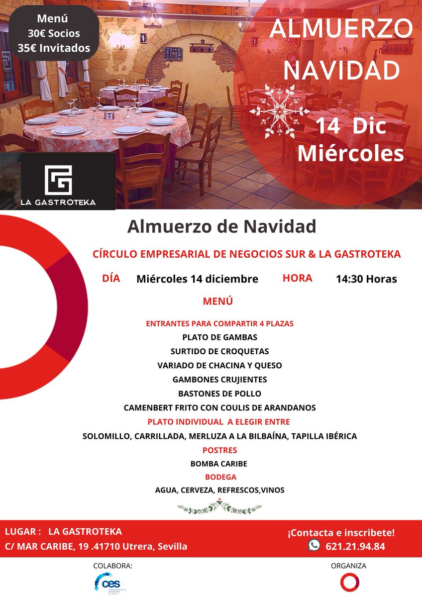 ⭕ ALMUERZO DE NAVIDAD,  la oportunidad  para reunirnos y celebrar juntos las fiestas. ¡Te esperamos !
🗓️ Miércoles 14 dic
🕗 A las 14:30 H.
 🏢  La Gastroteka Utrera
✍️ ¡ Reserva tu plaza aquí!☎️ +34 621 21 94 84
#empresas #autonomosypymes #Utrera #ConvivenciaEmpresarial