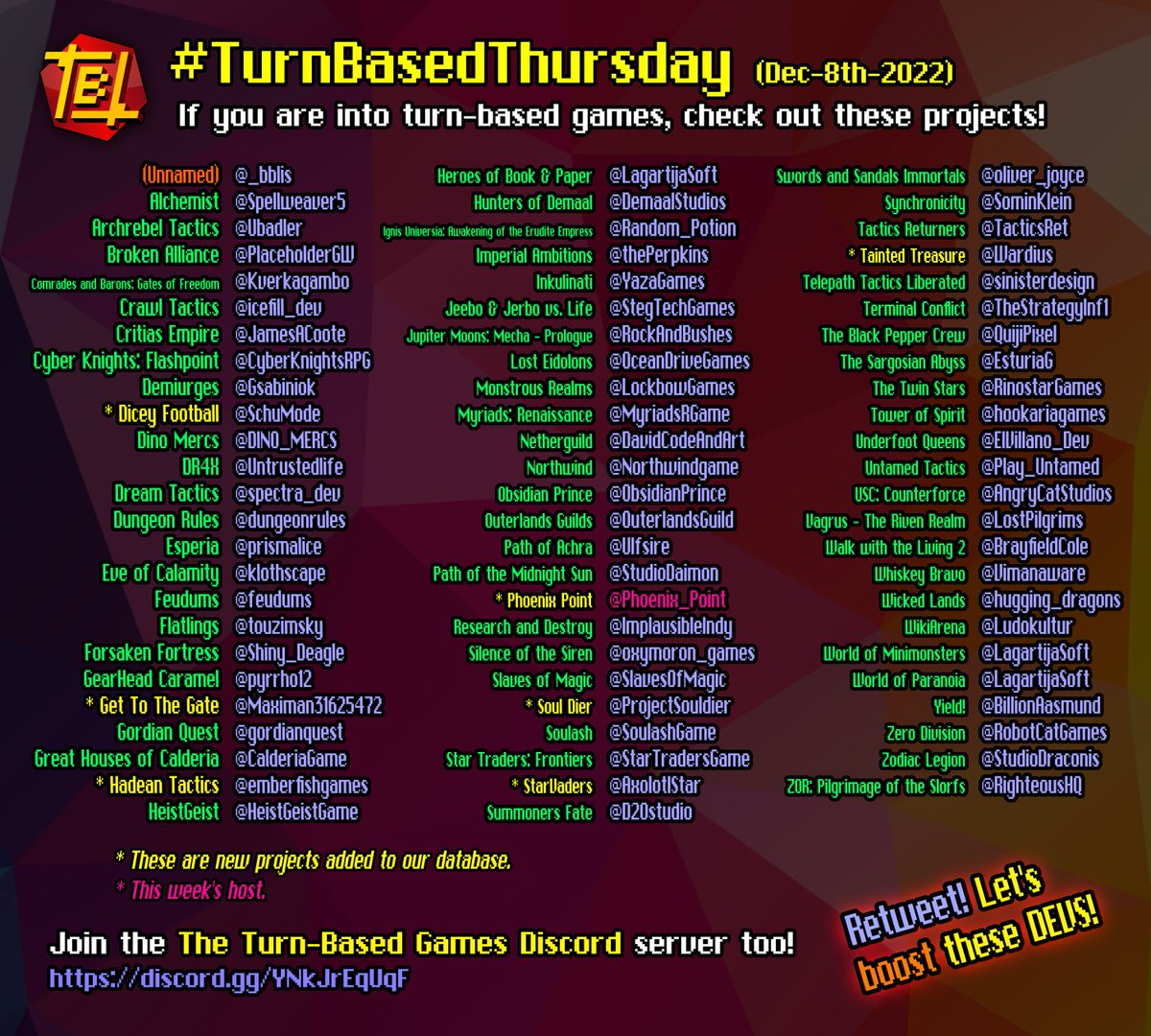 Here is the list of participants for this week's #TurnBasedThursday event! Click below to access these projects! Happy #FollowFriday!

x.com/Phoenix_Point/…

👉<a href="/TurnBasedThurs/">#TurnBasedThursday - Turn-Based Game Showcases</a>
👉Website: turnbasedlovers.com
👉Discord: discord.gg/YNkJrEqUqF

#gamedev #indiedev #turnbased