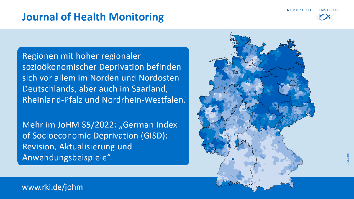 rki_de's tweet photo. Gesundheitschancen, Krankheitsrisiken &amp; Lebenserwartung sind in 🇩🇪 regional unterschiedlich verteilt. Regionale Deprivationsindizes ermöglichen die Analyse von Zusammenhängen zwischen sozioökonomischer Benachteiligung &amp; Gesundheit.
Mehr im #JoHM S5/2022

➡️https://t.co/vqOd3g8Ji3 https://t.co/X8zsEly3e0