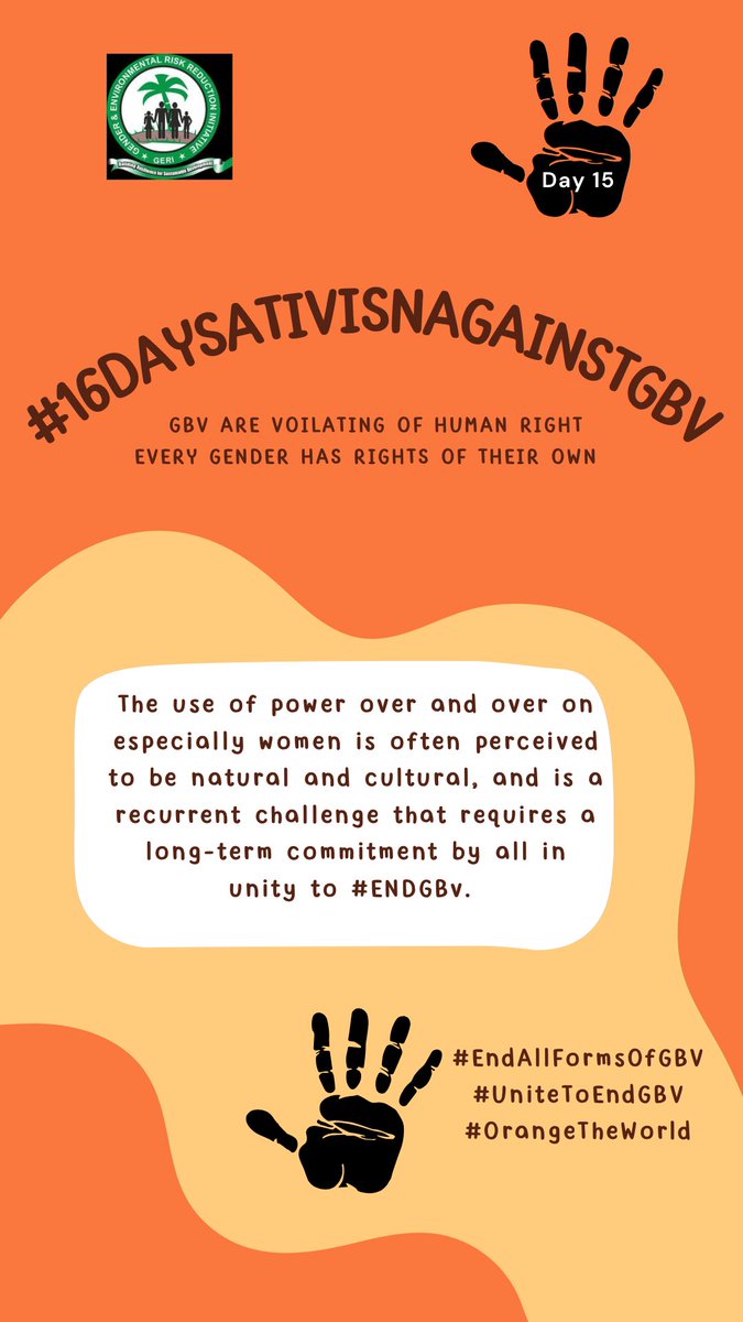 All Forms of GBV needs to be tackled; particularly around such issues as equality, rights and power. All Gender have rights of their own, stop the violation of Rights. 

#EndAllFormsOfGBV
#UniteToEndGBV
#OrangeTheWorld