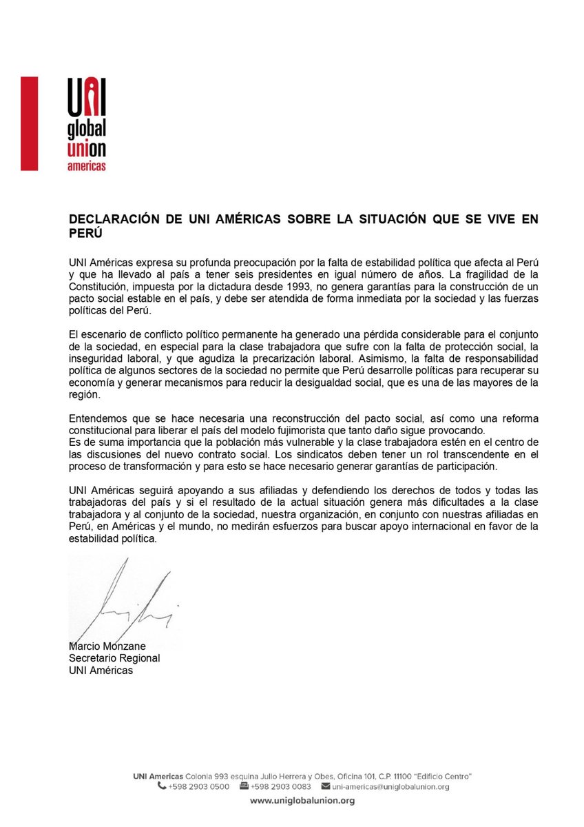 PANARTES adhiere a la Declaración de UNI AMERICAS sobre la situación que se vive en Perú.
@uniamercias
<a href="/marcio_monzane/">Marcio Monzane 🇧🇷🇨🇴🇺🇾</a>