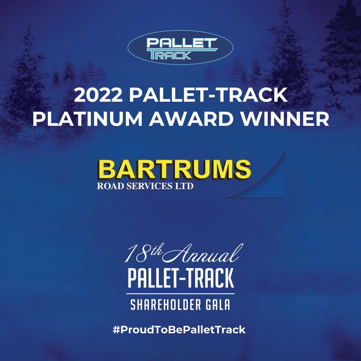 Bartrumgroup's tweet photo. A brilliant year for Bartrums Road Services - 3 awards well done everyone. Winning Platinum for the 3rd year running on service #palletnetwork #pallettrack #bartrumsroadservices https://t.co/sEbiIz0rHm