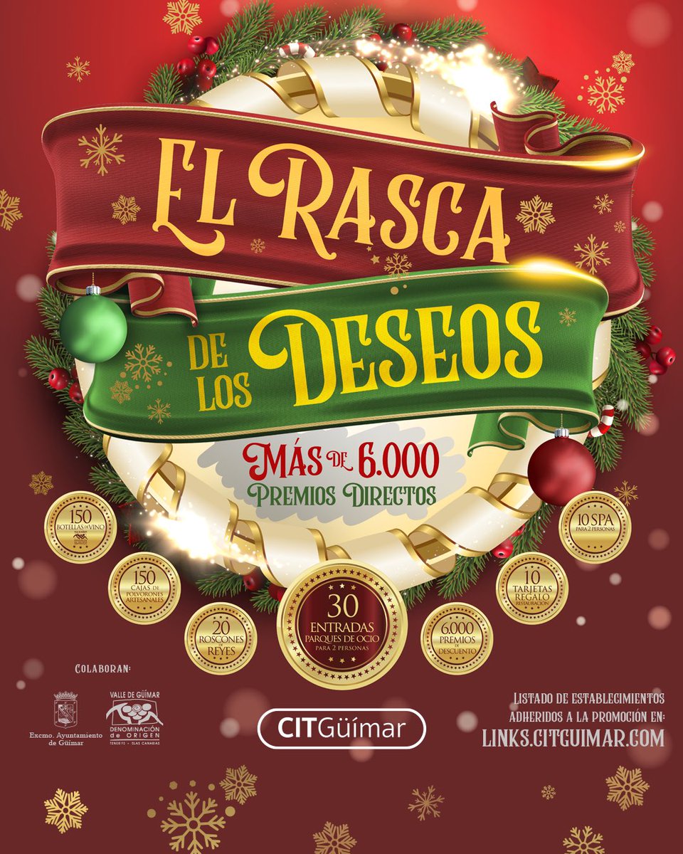 CITGuimar's tweet photo. 🔔🔔Llegó, El Rasca de los deseos #CITGüímar🎁👑 

Vive la ilusión de la Navidad con el CIT de Güímar, premiamos tus compras y consumiciones con más de 6.000 premios directos que encontrarás en los Rascas de los deseos.
#Güímar #arafo #ValledeGüímar #ConsumeLocal #Km0 https://t.co/S2SdTNjoBn