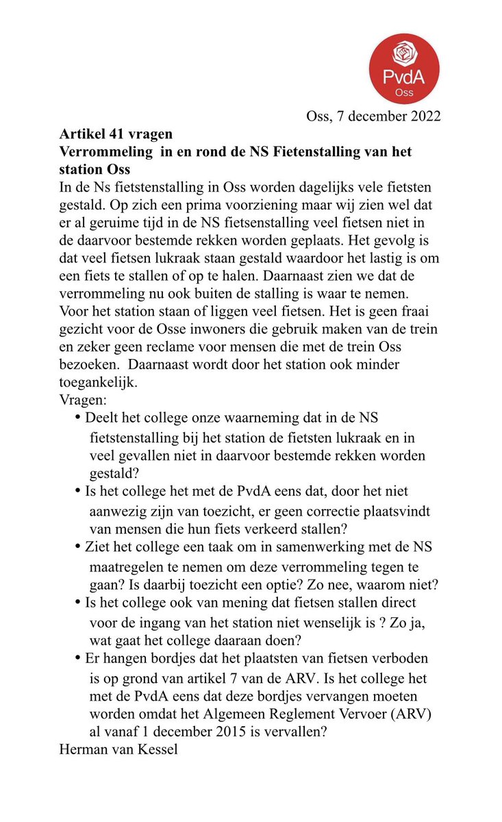Wij zouden graag weer zien, dat er toezicht komt bij de NS fietsenstalling op het station. Daarom hebben we onderstaande vragen aan het college gesteld over verrommeling van de NS fietsenstalling. We hopen, dat het college dit signaal oppikt en de verrommeling oplost.