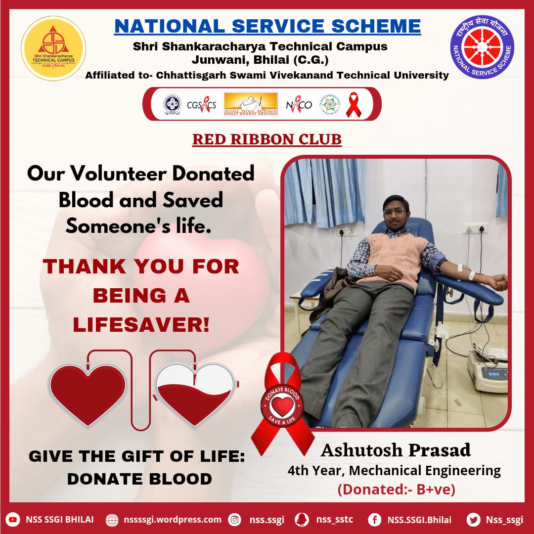 Nss_ssgi's tweet photo. Jai Hind 🇮🇳
Ashutosh Prashad from Mech. Branch 7th Sem, #volunteer of @Nss_ssgi donated B+ blood in #SSIMS, Bhilai under banner of #RedRibbonClub.
Little efforts can save lives.
@_NSSIndia
@YASMinistry
@NSSRDBhopal
@askabir_
@NeetaBajpai5
@SamarendraS21
@dr_dsraghu
@nsscsvtuCG https://t.co/s5NaLQSYKs