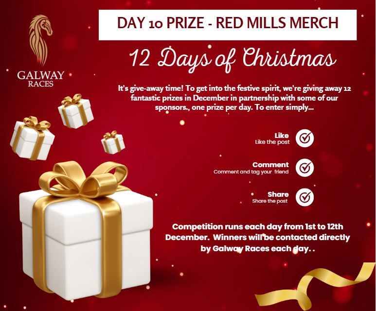 Galway_Races's tweet photo. 🎁12 DAYS OF CHRISTMAS GIVEAWAY: DAY 🔟
To get into the festive spirit, we've teamed up with our sponsors to giveaway fantastic prizes
DAY 🔟:thanks to @REDMILLSHorse  win
🥳Red Mills Merch Pack (😍jacket, hat + products)
🎟️+A 7 Day Admission Ticket to #GalwayRaces2023 https://t.co/LIdfjoPpaV