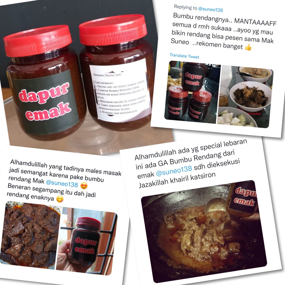 suneo138's tweet photo. Bumbu Rendang dapur emak
Utk Rendang Sapi, Kambing, Ayam, Telor dll

1 btl utk 1kg daging
Harga Rp. 50.000/btl

Caranya :
Rebus daging smp empuk, campur bumbu rendang &amp; daging yg sdh direbus, tambah air 100ml, tumis smp air habis &amp; bumbu meresap
Rendang siap dihidangkan

Order DM https://t.co/FymxYTpmMF