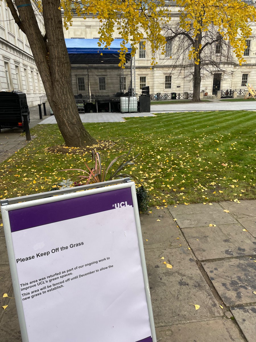 Classic “campus greening” outside my office this morning. There’s a dead tree on the concrete where the temporary staging normally goes (I guess for Instagram) so staging is now wrecking fresh (living) turf that we’re not allowed to walk on 🙄. Why not swap them @UCLEstates?