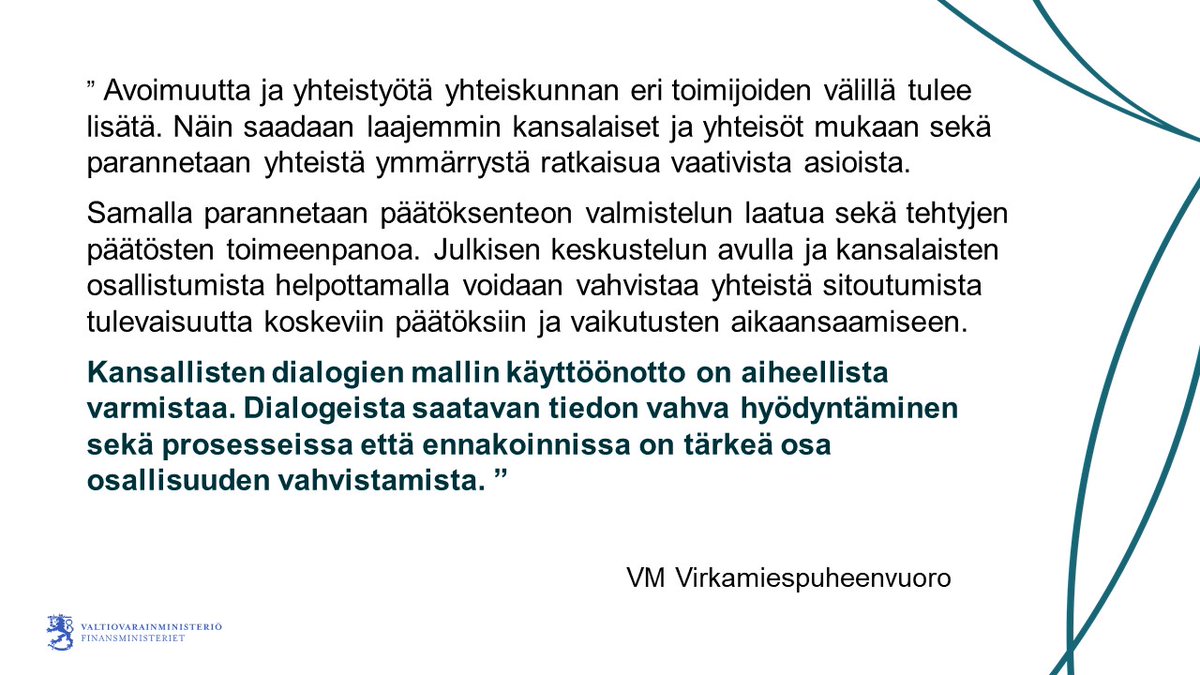 📣Huomasitko <a href="/VMuutiset/">Valtiovarainministeriö | Finansministeriet</a> virkamiespuheenvuorosta tämän "Kansallisten dialogien mallin käyttöönotto on aiheellista varmistaa. Dialogeista saatavan tiedon vahva hyödyntäminen sekä prosesseissa että ennakoinnissa on tärkeä osa osallisuuden vahvistamista". 🧡 #KansallisetDialogit