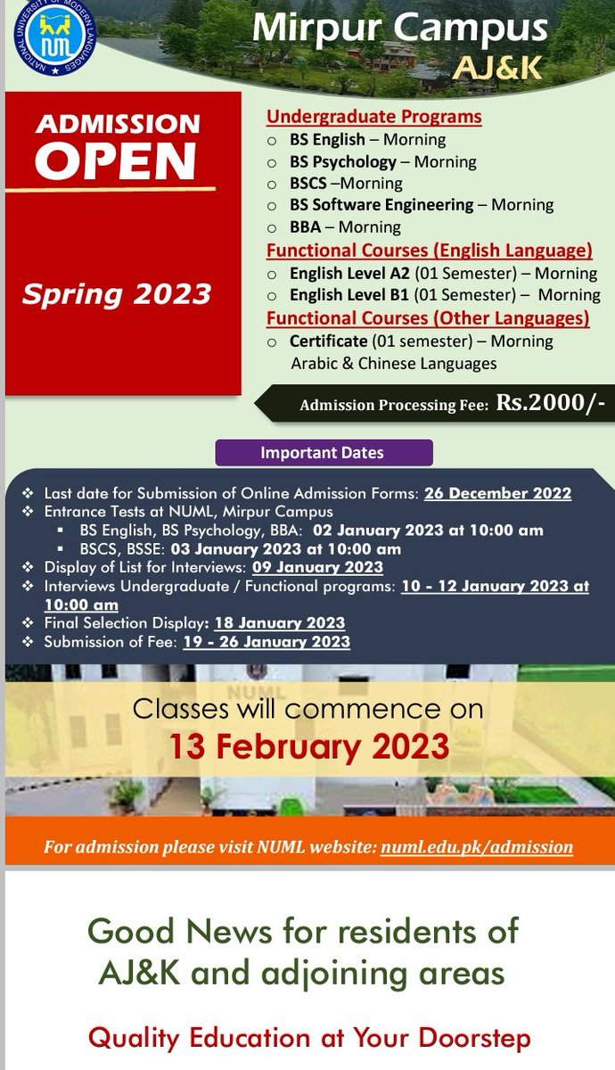 PRO_NUML's tweet photo. Newly established #NUML #Mirpur (#AJK) Campus:

*#Admissions open* https://t.co/Fs4ppQKueI