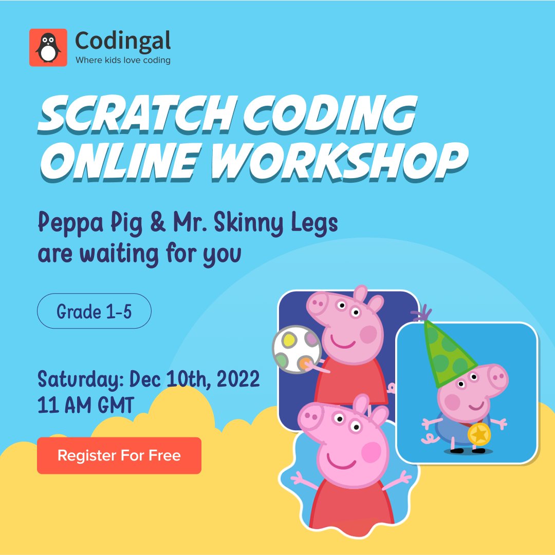codingal's tweet image. Peppa Pig - Strengthen your coding skills with a free online Scratch coding workshop for grade 1-5 students.
📆 Dec10, 2022 | 11 am GMT
Reserve a free seat! Link hubs.la/Q01vrW4x0
#codingal #codingforkids #onlinecodingworkshop #peppapig #scratchcoding #onlinecodingclass