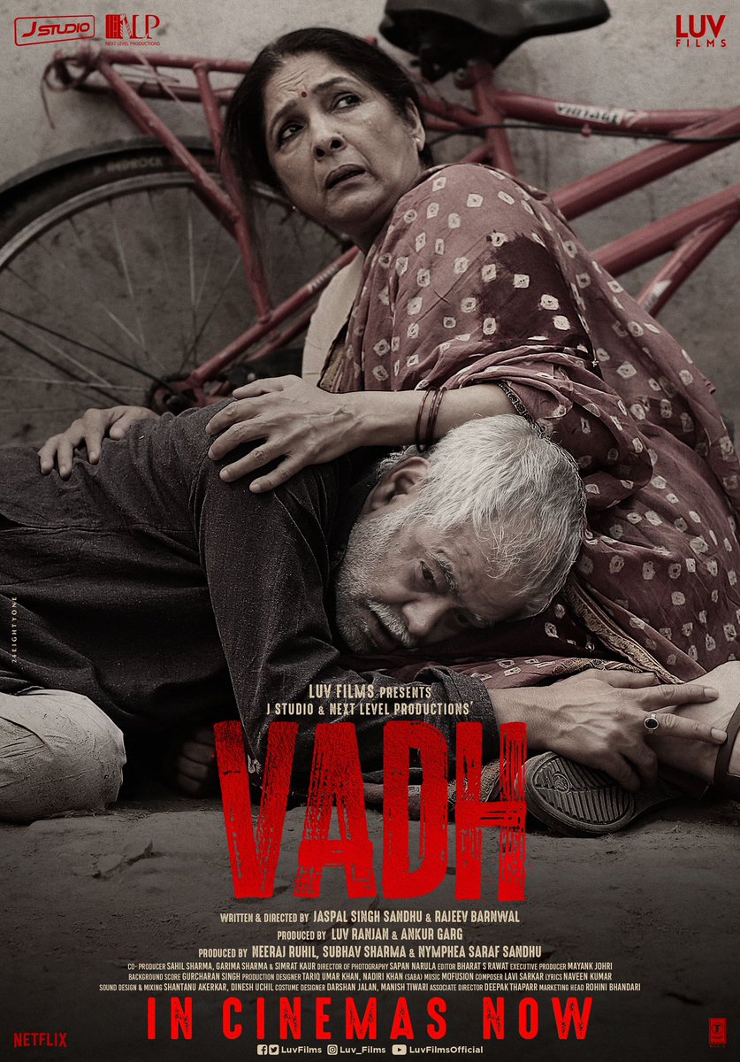 #Vadh in CINEMAS NOW! 
Book your tickets now! 🎟️
bookmy.show/Vadh
#AnyaayKaVadh 

@imsanjaimishra @Neenagupta001 #SaurabhSachdeva @manavvij786 @J_Studio_ #RajeevBarnwal @luv_ranjan @gargankur @NeerajRuhil21 @subhav86sharma #NympheaSarafSandhu @LuvFilms @JStudioFilms