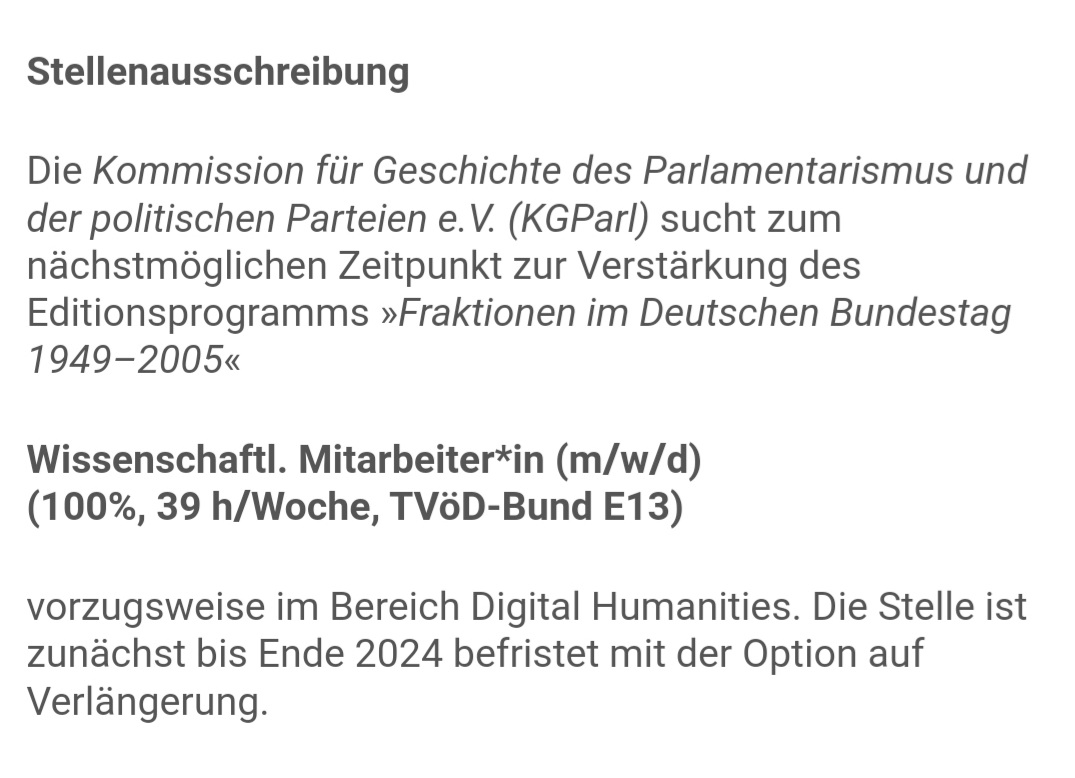 Kolleg:in gesucht! Für die digitale Edition fraktionsprotokolle.de, also bei mir 😊 im Berliner Forschungsinstitut der KGParl🦉mit Zeitgeschichte, Politik und XML. Alles Weitere 👇service.bund.de/IMPORTE/Stelle…