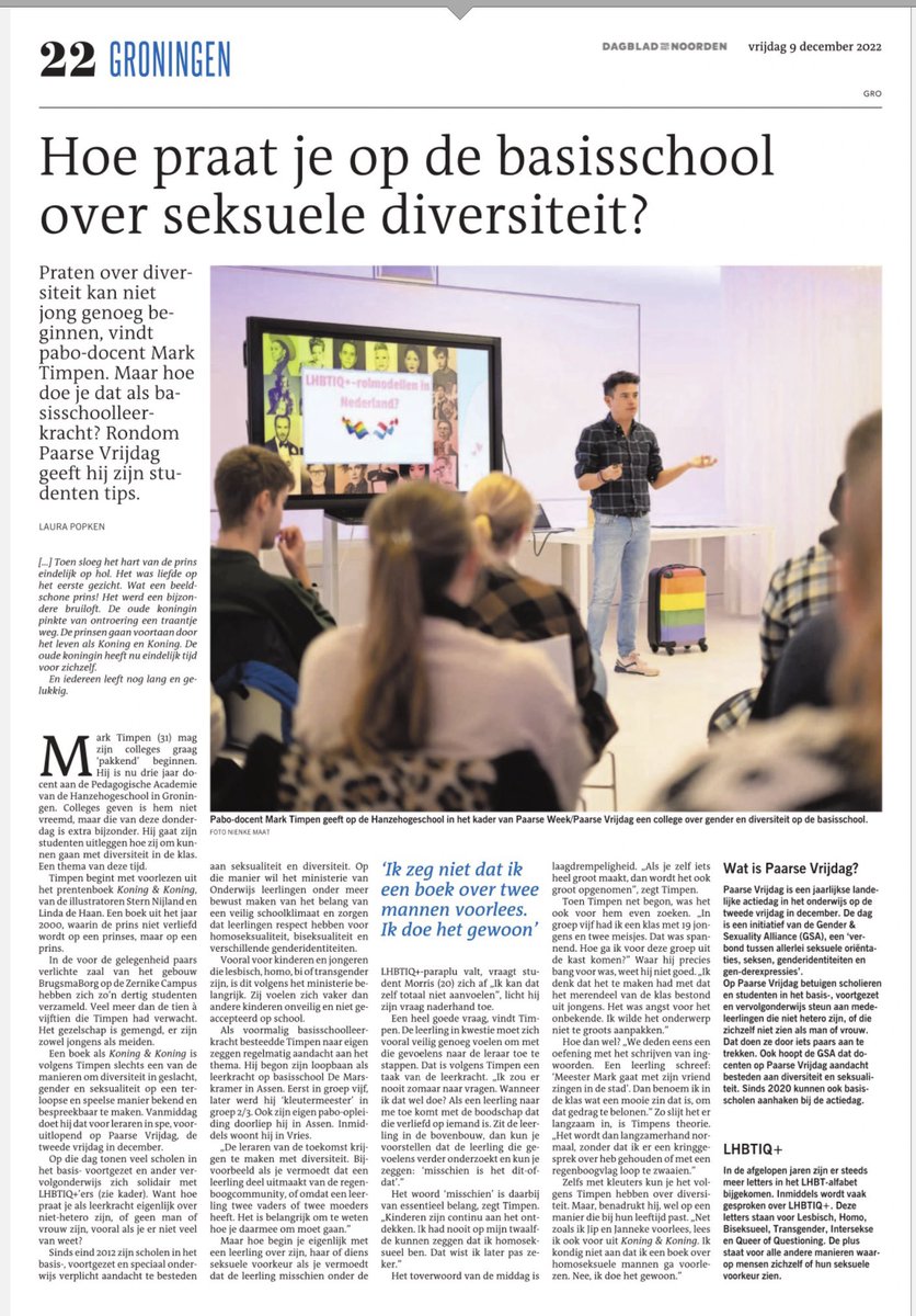 Mogen zijn wie je bent! 🫶🏼Altijd en overal. En vandaag met nog meer aandacht 🌈 Als school laten we onze steun voor sekse-, gender- en seksuele diversiteit zien
 #PaarseVrijdag Mooi artikel (<a href="/dvhn_nl/">Dagblad van het Noorden</a>) over hoe leraar Mark diversiteit in zijn onderwijs verwekt #pabo @HanzePA 👇🏾