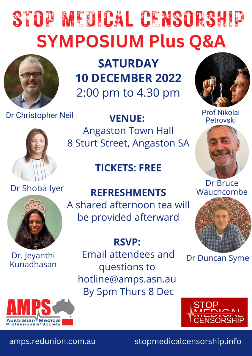 AMPS_RedUnion's tweet photo. Last event of the year in Barossa Valley, SA - TOMORROW
If you missed out on attending last night's Adelaide symposium, please RSVP now and join us tomorrow from 2pm.
Email: hotline@amps.asn.au 

#lastchance #stopmedicalcensorship #barossavalley #event #angaston #amps https://t.co/f2uAkEdV1r