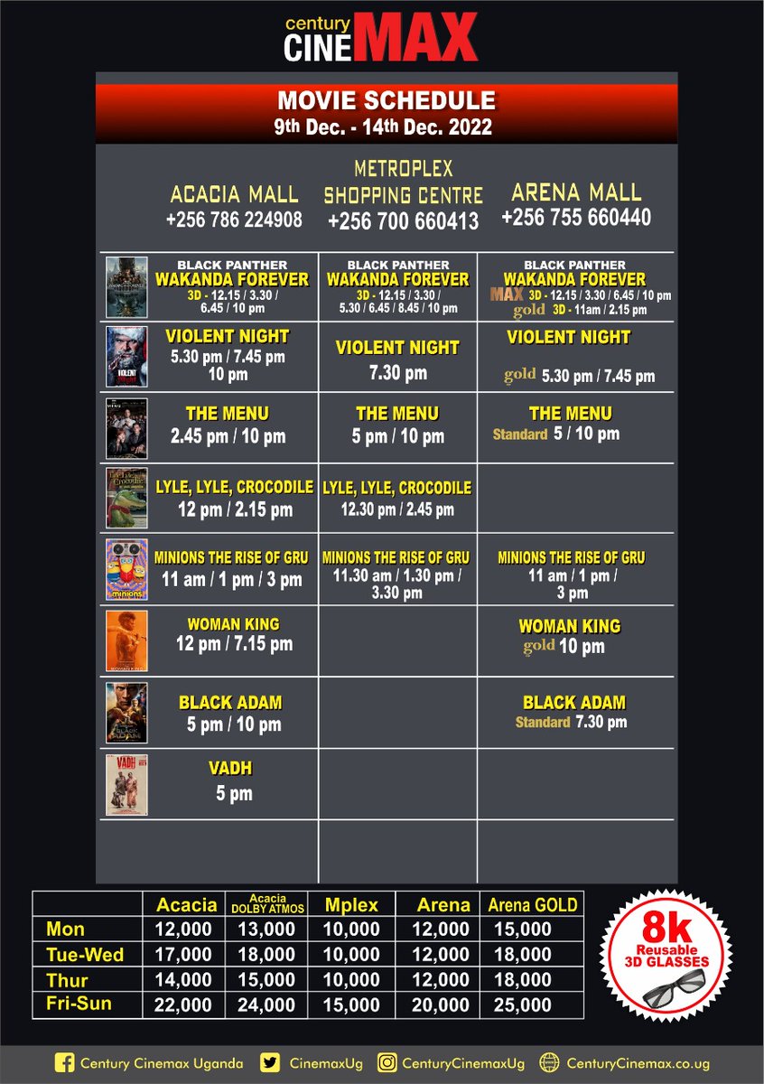 Now showing at century Cinemax.
#ViolentNight 
#Vadh(Hindi with Eng Subtitles)
#wakandaforever  
#Minions
#LyleLyleCrocodile
#Blackadam
#TheMenu
#TheWomanKing