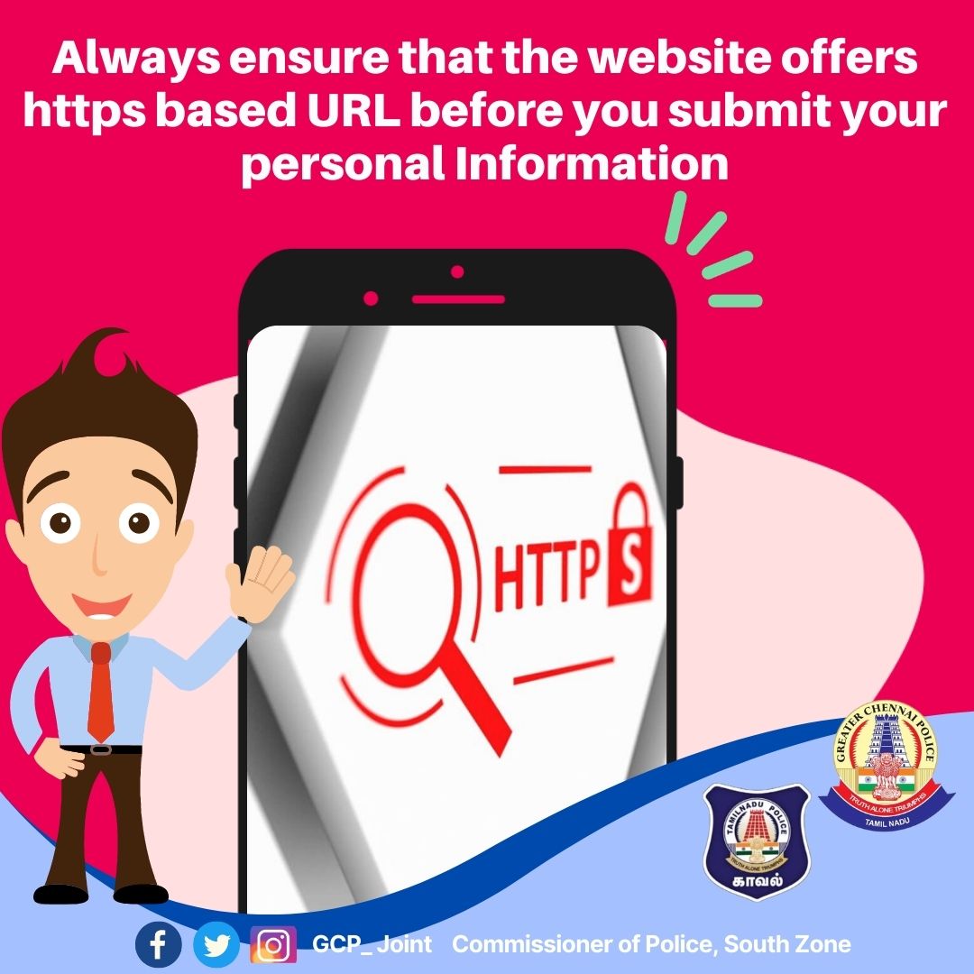 Always ensure that the website offers https based URL before you submit your personal Information.
Facebook Link: https://t.co/uxHnvwdOtT

#SeniorCitizens #CyberCrime #Cybersafety #password #strong #confidential #chennaicitypolice #tnpolice
@tnpoliceoffl 
