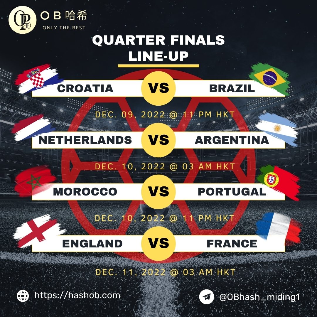 OBhash_Official's tweet photo. 2022 FIFA World Cup Qatar (Quarter Finals)
👉OB Hash official website:
https://t.co/go7Qew0jLu
👉Telegram : OBhash_miding1
#obhash #obgame #meibobaccarat #crypto #usdt #trx #casino #2022fifaworldcup #FIFAWorldCup #QuarterFinal https://t.co/g2OrAdI9OH