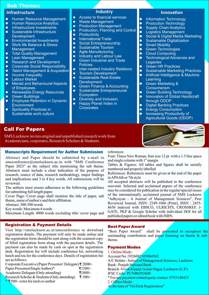 smstc's tweet photo. https://t.co/NM2g0DMH4E
SMS Lucknow is organizing a National Conference on SDG9: Industry Innovation and Infrastructure on 24th &amp; 25th February 2023 in association with DICCI and LMA.
Important Dates:
Abstract Submission by : 10 Jan'23
Full Paper Submission by : 10 Feb' 23. https://t.co/thxZRwpkPA
