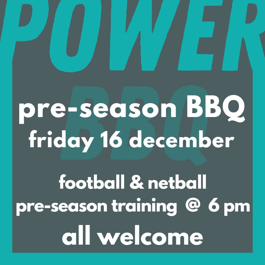 PRE-SEASON BBQ 🌭🍔⚡
KNFNC current and interested netball &amp; football players, parents and supporters are invited to join us for a pre-season BBQ after training on 𝗙𝗿𝗶𝗱𝗮𝘆 𝟭𝟲 𝗗𝗲𝗰𝗲𝗺𝗯𝗲𝗿 𝗳𝗿𝗼𝗺 𝟲 𝗽𝗺.