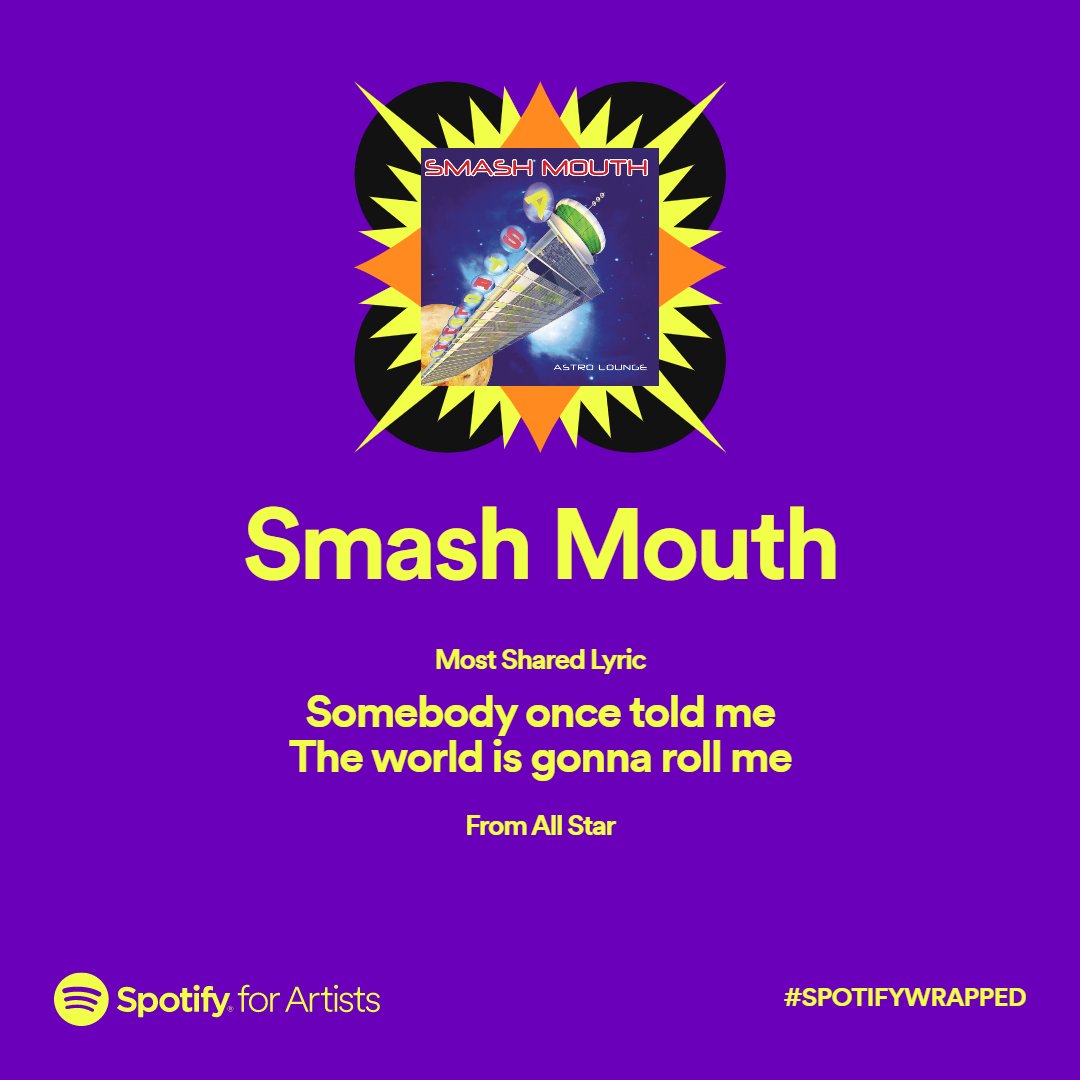 smashmouth's tweet photo. #SpotifyWrapped #mostsharedlyric #somebodyoncetoldme https://t.co/cO9CeDGq2G