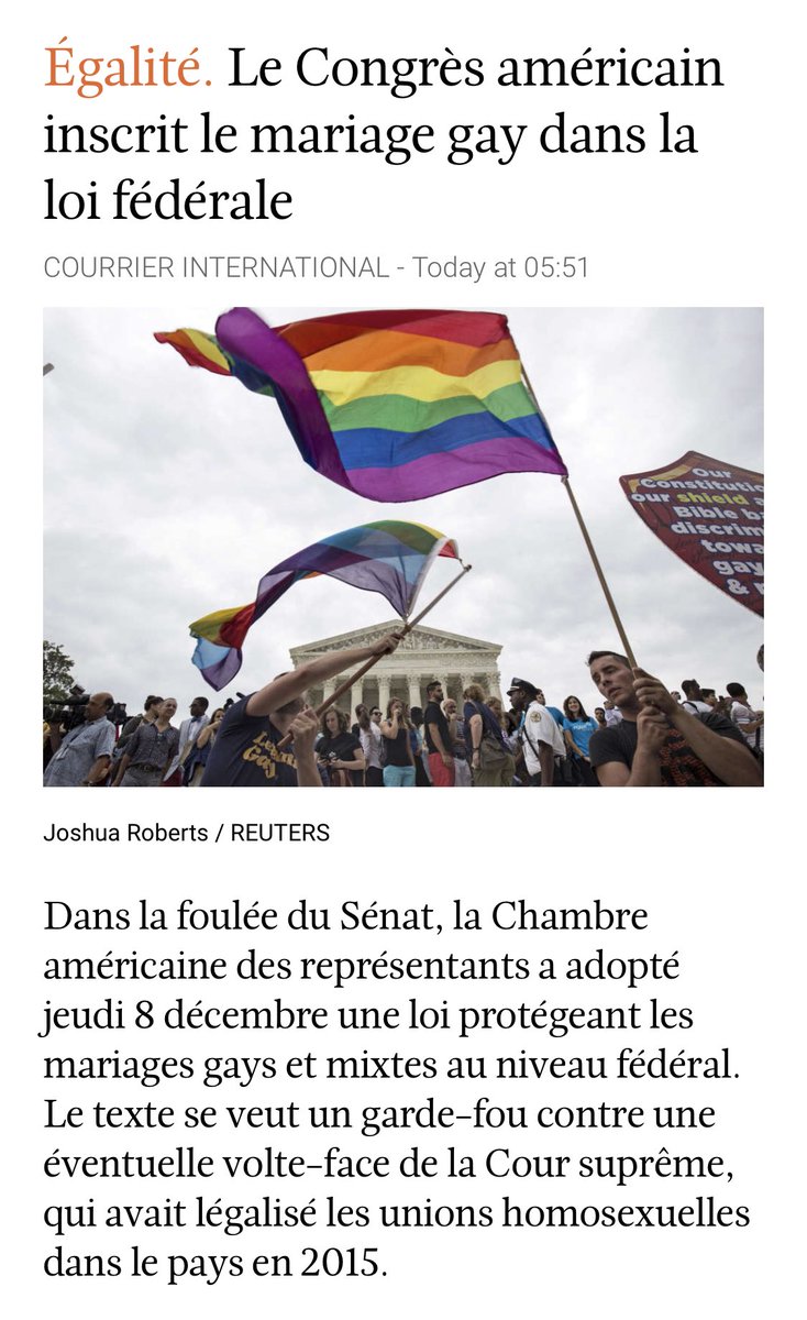 Le mariage pour tous protégé par la loi fédérale aux #USA pour empêcher toute volte face de la Cour Suprême 🏳️‍🌈
La mesure la plus importante pour les droits #gays et #lesbiens adoptée par le Congrès, depuis l’abrogation en 2010 de la loi ‘Don’t ask, don’t tell’ #LoveIsLove