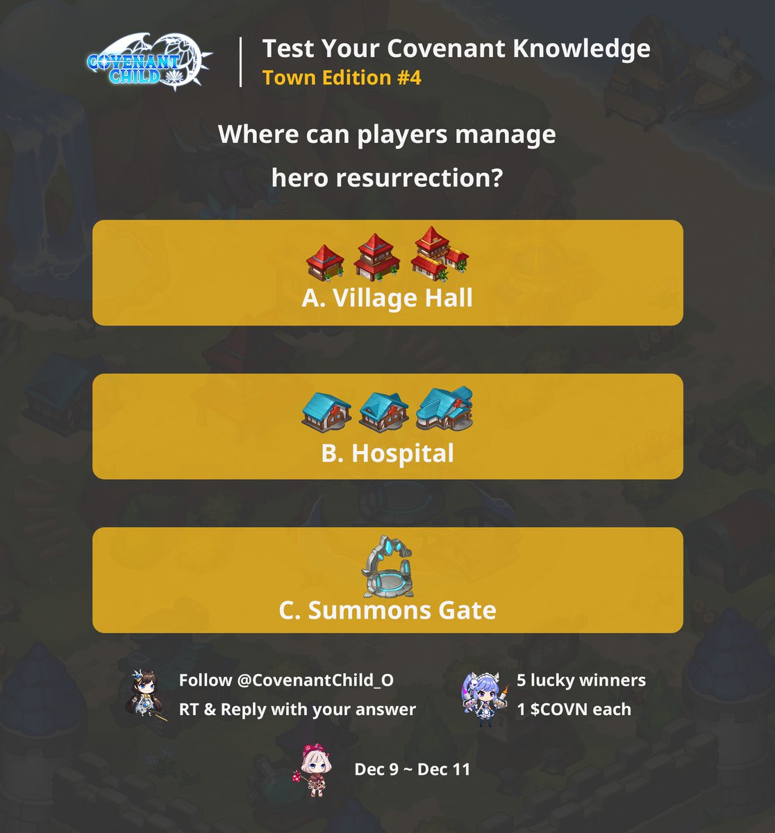 Covenant Child (@covenantchild_o) on Twitter photo ⚔️Community Giveaway Event: Test Your Covenant Knowledge - Town Edition #4🔥
1️⃣Follow <a href="/CovenantChild_O/">Covenant Child</a>
2️⃣RT & Reply to this Tweet with your answer
🏆5 lucky participants will receive 1 $COVN each
⏰Join the event until Dec 11
#COVN #P2E #Giveaway #Airdrop ⚔️Community Giveaway Event: Test Your Covenant Knowledge - Town Edition #4🔥
1️⃣Follow <a href="/CovenantChild_O/">Covenant Child</a>
2️⃣RT & Reply to this Tweet with your answer
🏆5 lucky participants will receive 1 $COVN each
⏰Join the event until Dec 11
#COVN #P2E #Giveaway #Airdrop