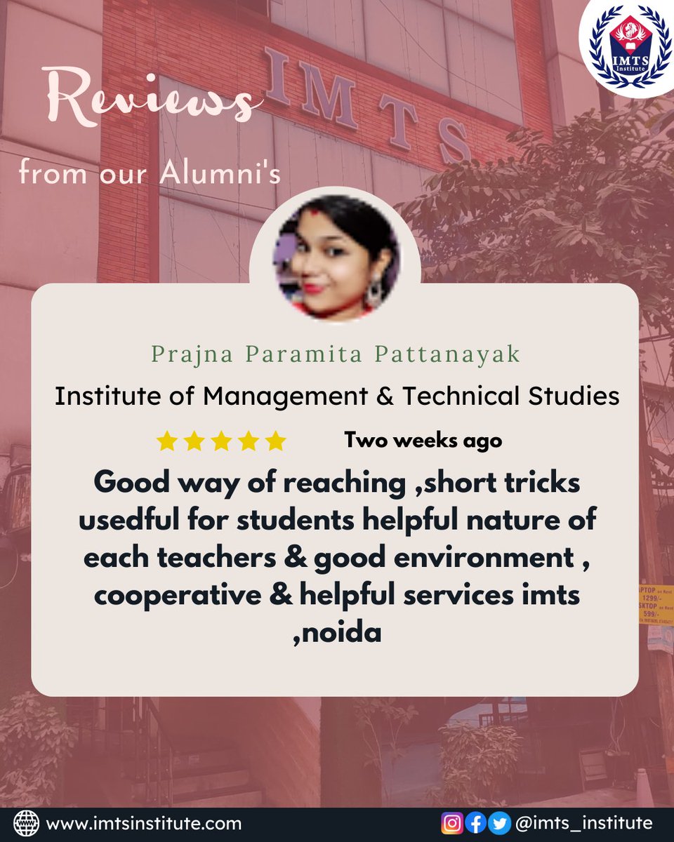 IMTSINSTITUTE's tweet photo. Review from our Alumni on Google
Follow us for more - @IMTSINSTITUTE
#Reviewspost #Alumni #IMTSReview #IMTSINSTITUTE #EducationalPlatform #eLearning #Education #Student #testimonial https://t.co/RR6zyvpaY4