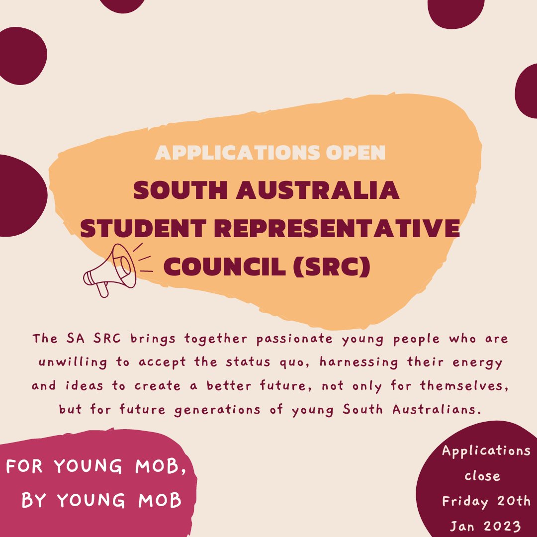 Do you know a young person who is passionate about making a difference in the South Australian community? If so, the SA Student Representative Council (SRC) would be deadly to voice your views on relevant policy and be involved in decision-making with like-minded young people.