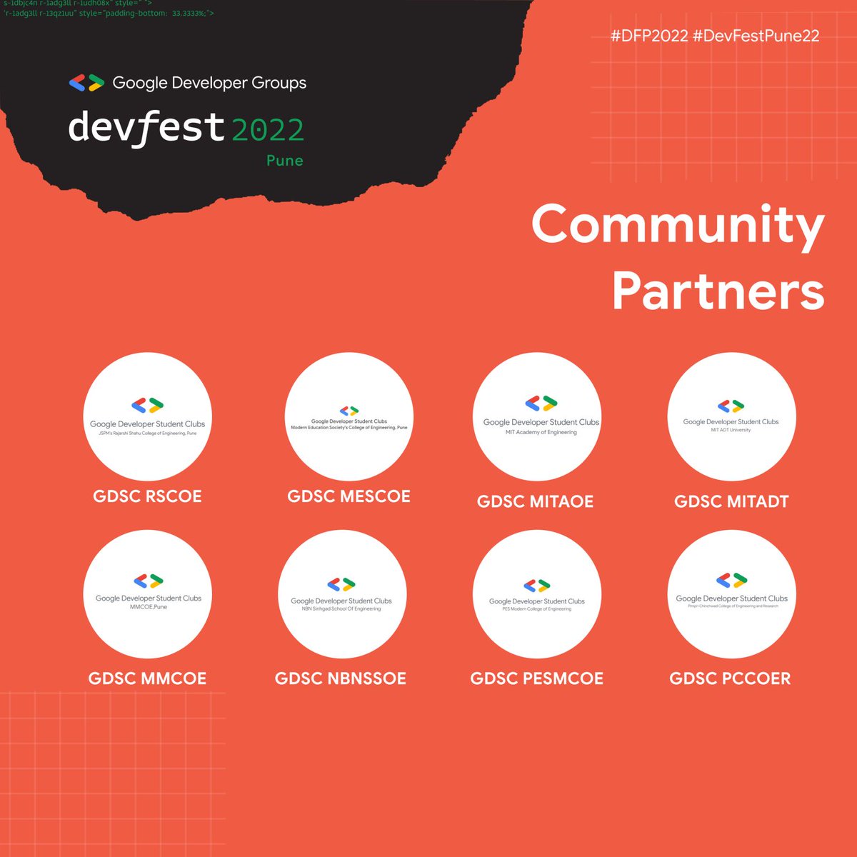 GDGPune's tweet photo. "Having a community is having support."
We are proud to present all the awesome communities that are supporting us to make DevFest Pune such a unique and Special event.

Visit: https://t.co/3wNwMb5vu2  
#Devfest #DevFestPune #devfest2022 #DevFestPune22  #devfestpune #DFP22 
#gdsc https://t.co/X2bBKUXc6P