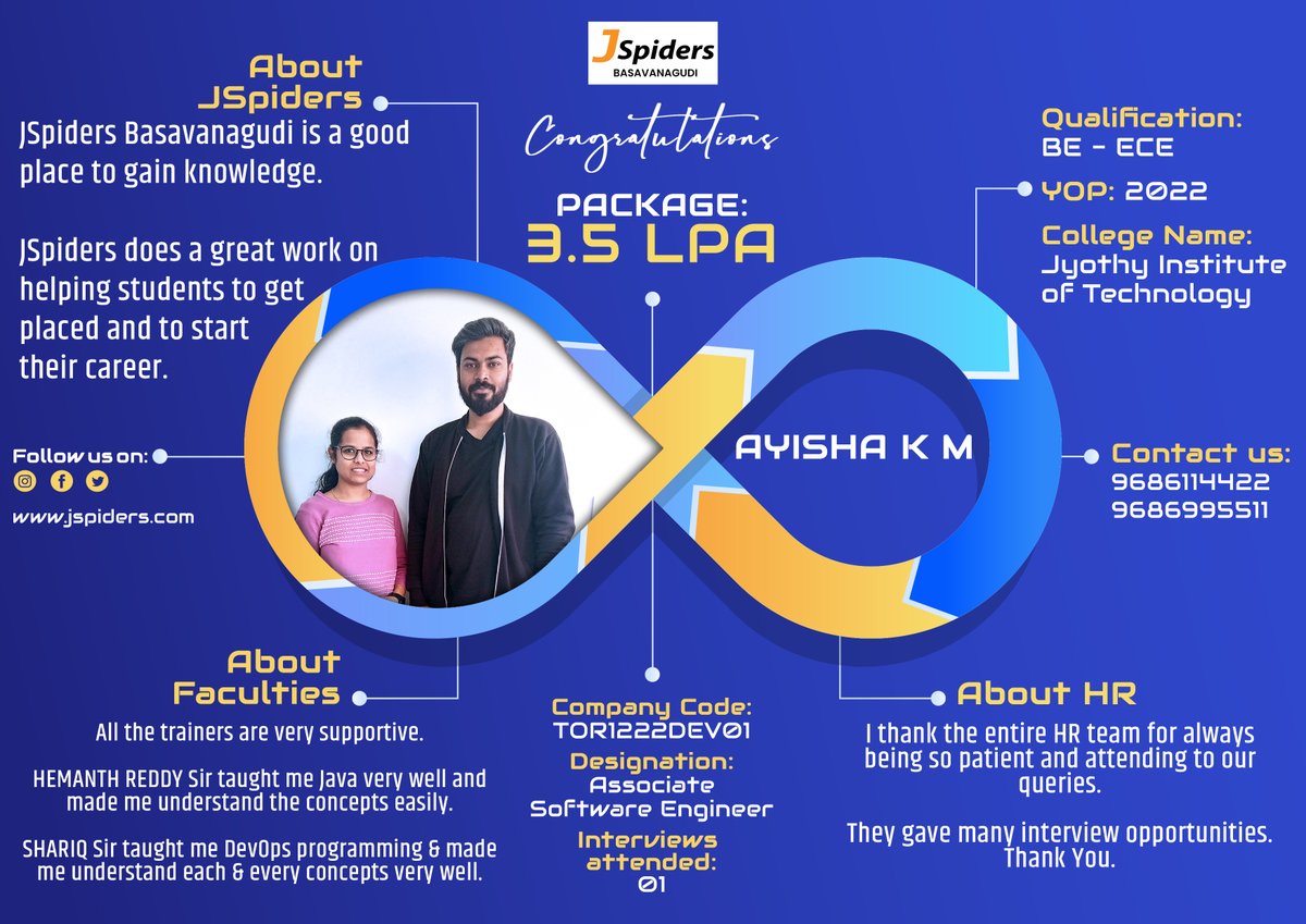 BrandingJsp's tweet image. Congratulations AYISHA K M For getting placed as Associate Software Enigneer

#jspidersbasavanagudi
#placedstudents
#devopsstudents 
#computerscience 
#studentreview
#devopstraining
#offlinelearning
#bestcourses
#growwhileyoulearn
#trainingdevops 
#qualityspecialist
