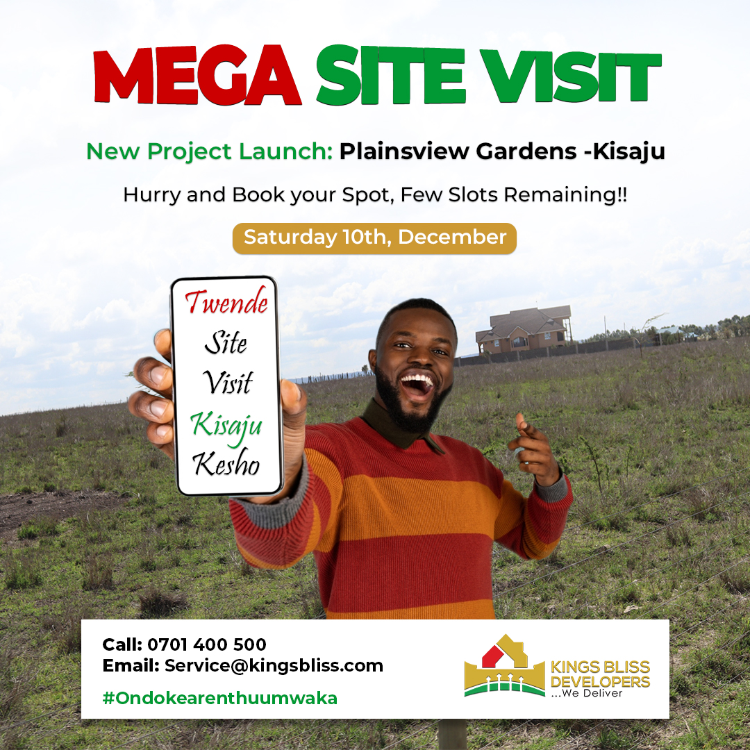 TWENDE KISAJU KESHO Call +254 701 400500 to book your spot for the Mega Site Visit to Plainsview Gardens Kisaju. Shinda Mbuzi ya Krisi na kila ploti! Transport available ✅ #shikaplotishindambuzi #plotsforsaleinkenya #affordableplots