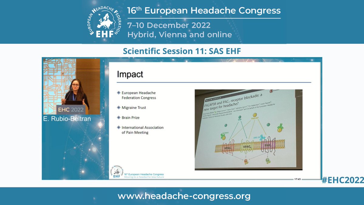 EHF_Official's tweet photo. Join the #ScientificSession 11 this morning SAS EHF, Eloísa Rubio-Beltran discusses PACAP38 and PAC1 receptor blockade: a new target for headache? #EHC2022 https://t.co/AXlveBnICe