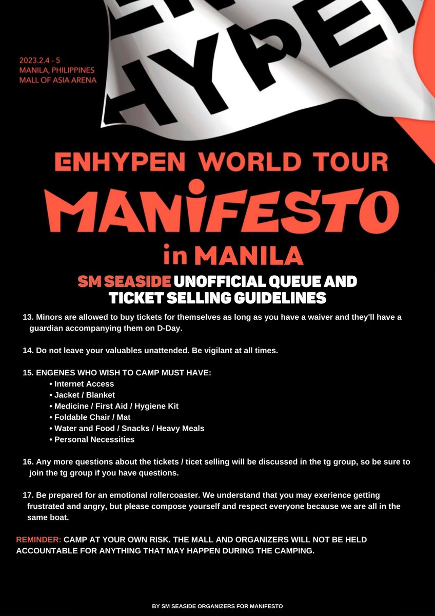 en_chives's tweet photo. 🔈 ENGENES Manifesto General Ticket Selling is Almost Here!!

Let's give it our all during the ticket selling while still being respectful to other engenes. See the guidelines below!

For questions, pls DM me. See you there everyone!

#ENHYPENMANIFESTO_CEBU
#인하이픈 https://t.co/r55ym8MYQj
