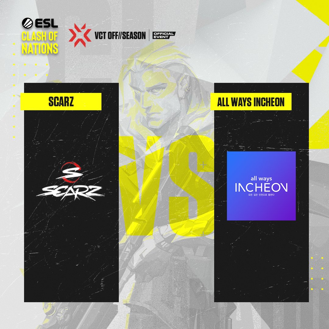 The first elimination match for #ESLClashofNations JPKR Playoffs has begun!

Will <a href="/SCARZ5/">SCARZ</a> stay till the end, or will <a href="/awi_esports/">All Ways Incheon</a> remove them from the competition? 👀
📺 twitch.tv/eslvalorant
📺 youtube.com/c/ESLAsia
📺 facebook.com/eslasia1/

#VCTOffSeason #VALORANT