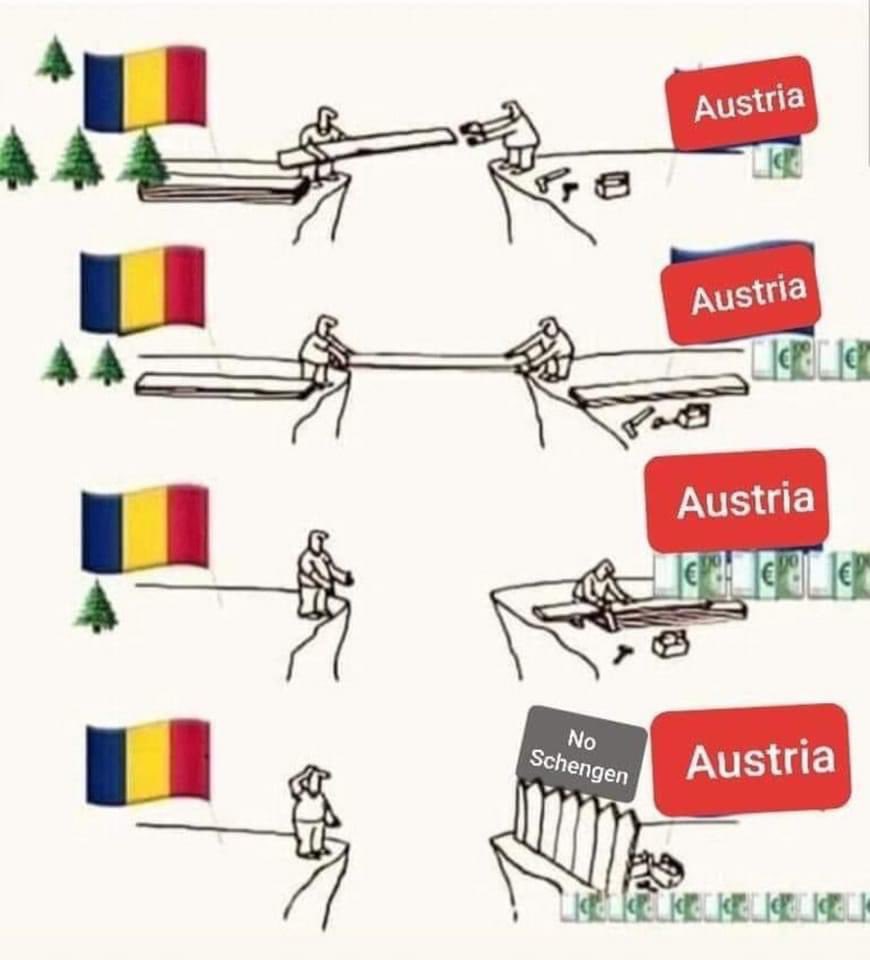 I am in Bucharest, where the main topic of conversation is Austria blocking Schengen accession of Romania. This meme is a reference to the illegal logging in Romania, involving Austrian firms