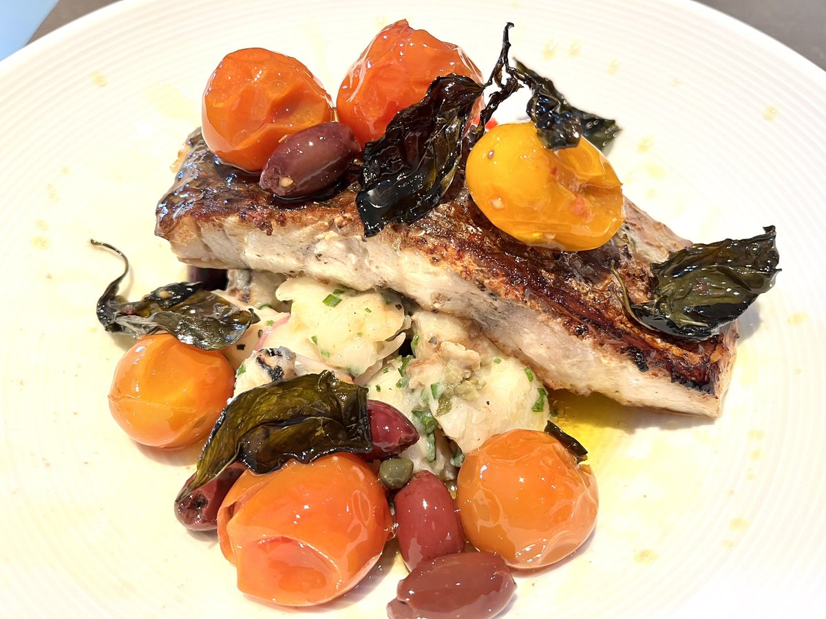 Crispy skinned barramundi with confit tomato, olive &amp; basil || Preserved lemon and chive potatoes