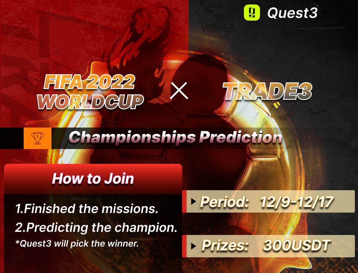 Trade3 The King of Fighters NFT 300U Event💰

We are honored to use the @Quest3_xyz  
app.quest3.xyz/quest/71541077…

Enjoy the game and play with us at trade3!
Let's party time 🔥

Premint登録中: is.gd/L9dSl2
#NFTGiveaways #NFTMarketplace #FIFAWorldCup 
#worldcup2022qatar