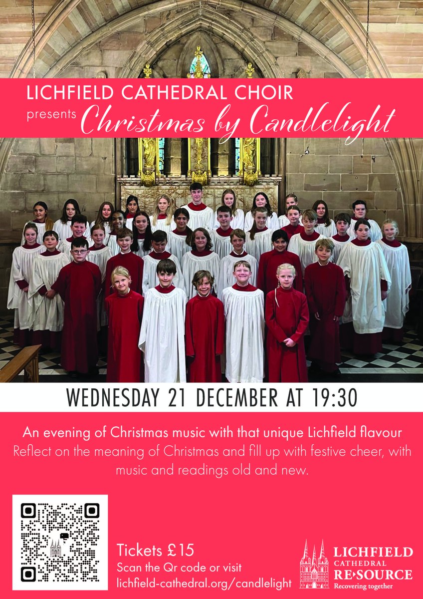Tickets are still available for Christmas by Candlelight, Lichfield Cathedral Choir's stunning concert guaranteed to bring festive cheer. Listen as their soaring voices fill the Cathedral and lift your heart. Scan the code or visit lichfield-cathedral.org/candlelight
