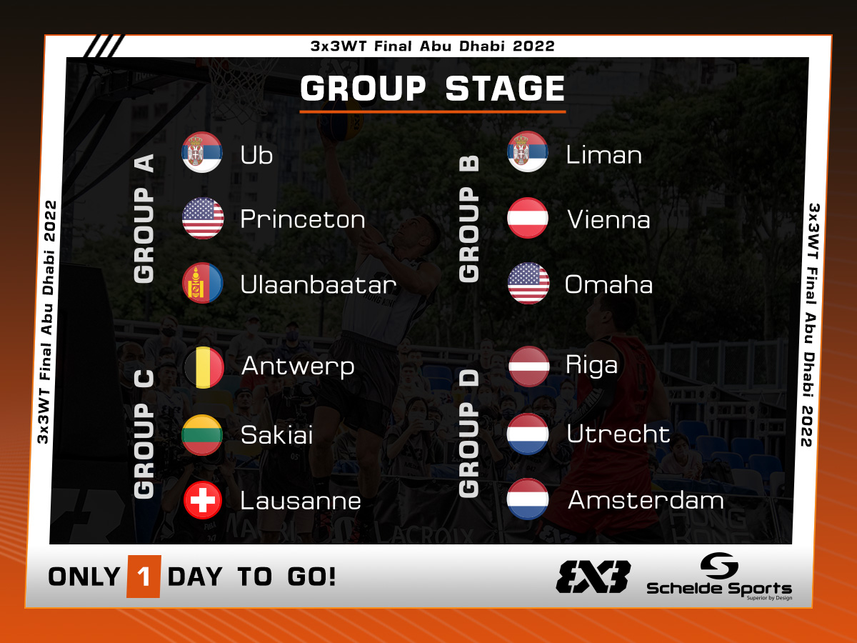 1 day to go until the start of the FIBA 3x3 WT Final in Abu Dhabi! This is the group stage! These teams will decide together who will be going forward to the Quarter-Finals! Tune in on the FIBA 3x3 YouTube-page for the live broadcast of the Abu Dhabi Final! #3x3WT #3x3WTAbuDhabi