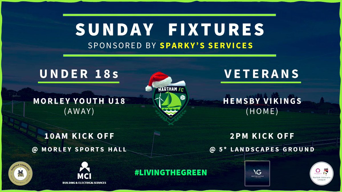 𝘼𝙙𝙪𝙡𝙩 𝙁𝙤𝙤𝙩𝙗𝙖𝙡𝙡  | 𝙒𝙚𝙚𝙠𝙚𝙣𝙙 𝙁𝙞𝙭𝙩𝙪𝙧𝙚𝙨

Been a while since all 4 sides were in action…

Saturday:
• First Team host <a href="/Thetfordrovers/">Thetford Rovers Fc</a>
• Reserves travel to <a href="/YobFc/">Cromer YOB FC</a>

Sunday:
• U18s travel to <a href="/morleyfc10/">Morley FC</a> U18
• Veterans II host <a href="/HemsbyFC20/">Hemsby FC</a> Vikings

#LTG⚽️💚