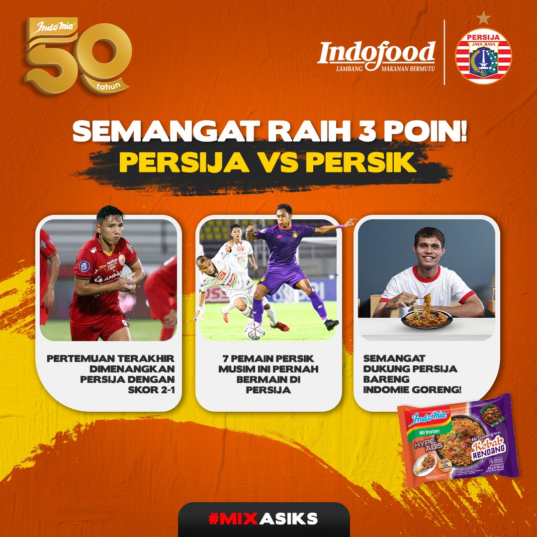 Ayo lanjutkan tren positif! Hadapi Persik Kediri, Macan Kemayoran siap kembali raih poin penuh. Semangat dukung Persija bareng Indomie Goreng. Yuk cobain varian rasa terbaru: Indomie Hype Abis Kebab Rendang! Mix kebab turki dan rendang padang yang enaknya hits!