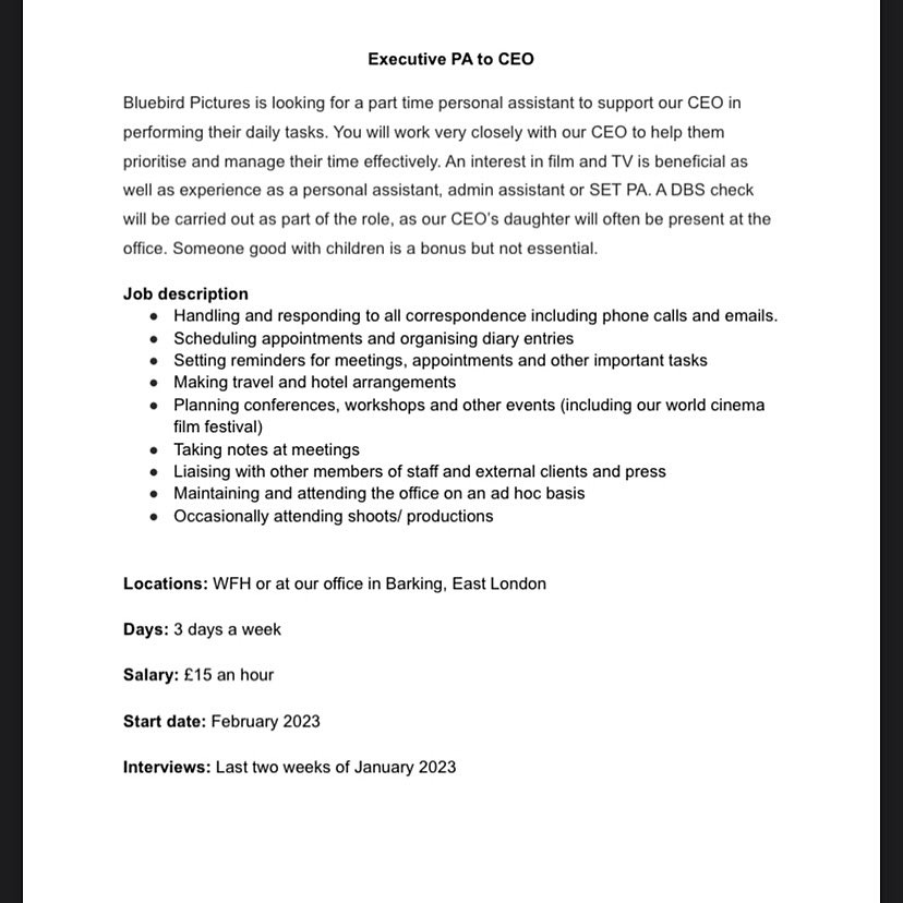 There’s still time to apply! Deadline 31st December. CV and cover letter to info@bluebirdpictures.Org