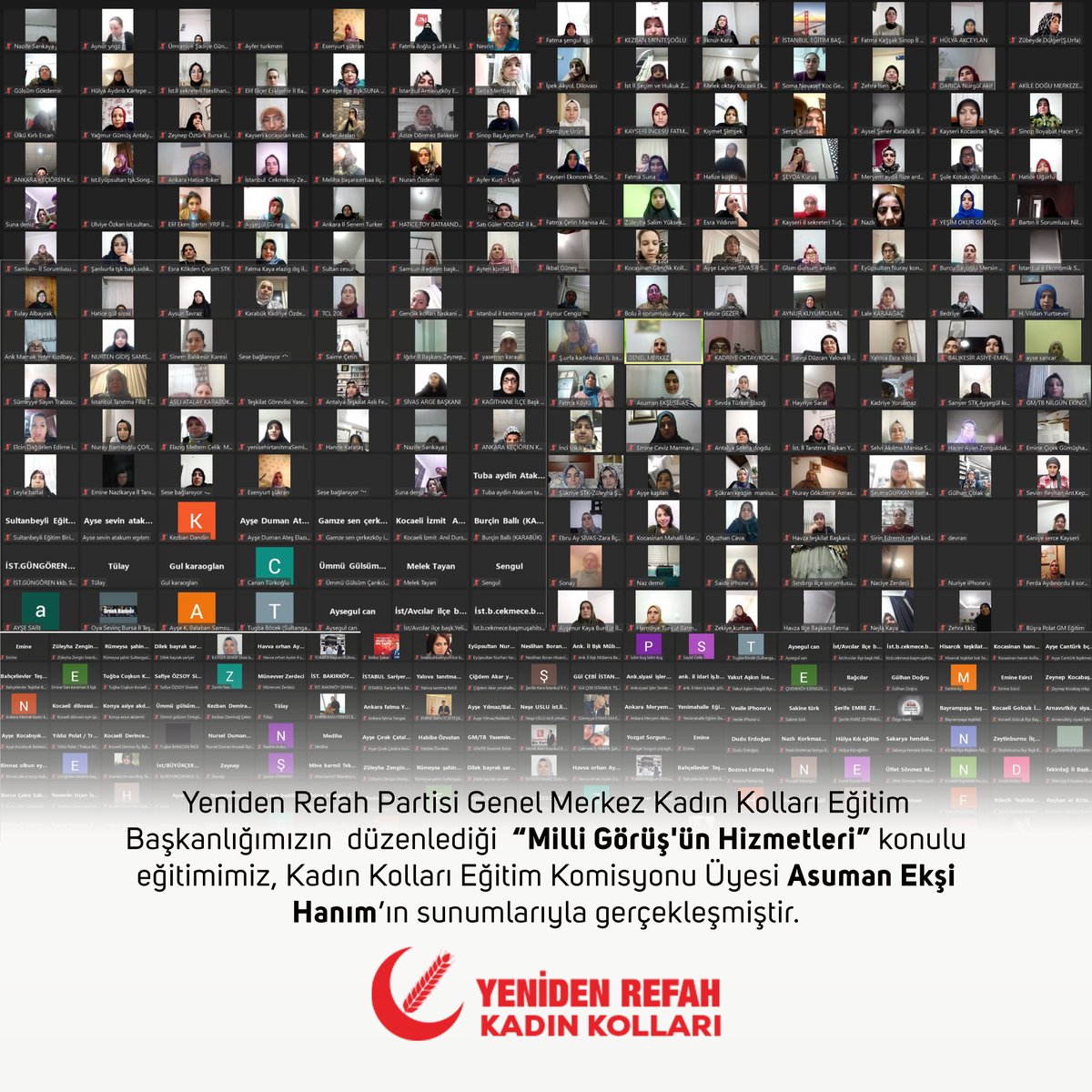 Yeniden Refah Partisi Genel Merkez Kadın Kolları Eğitim Başkanlığımızın  düzenlediği  “Milli Görüş'ün Hizmetleri” konulu eğitimimiz, Kadın Kolları Eğitim Komisyonu Üyesi Asuman Ekşi Hanım’ın sunumlarıyla gerçekleşmiştir.

#FatihErbakan 
#YenidenRefahPartisi