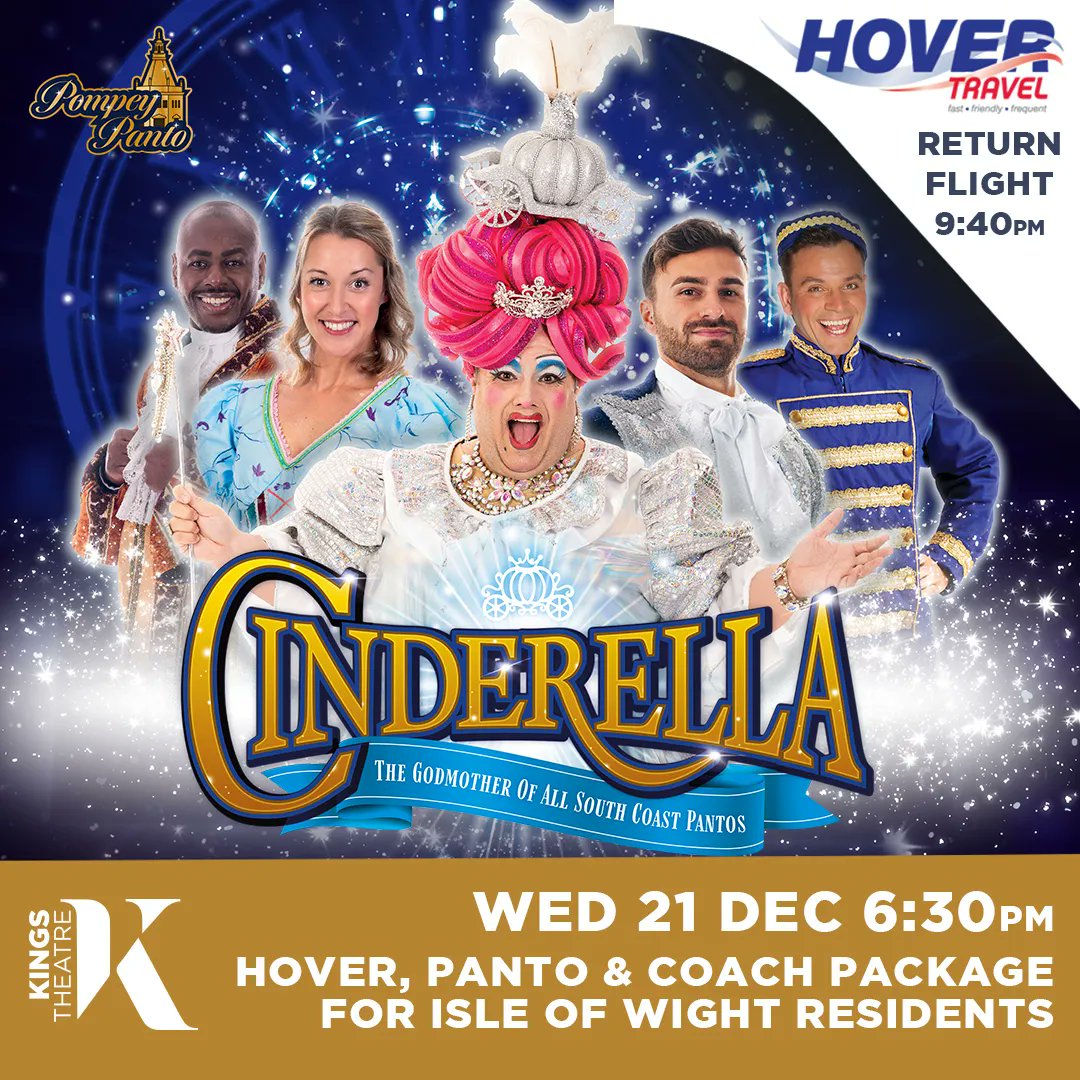 We've partnered with Hovertravel for an exclusive theatre trip deal for Isle Of Wight Residents! Enjoy a day out to #PompeyPanto Cinderella at 6:30pm on Wed 21 Dec. 

1/2