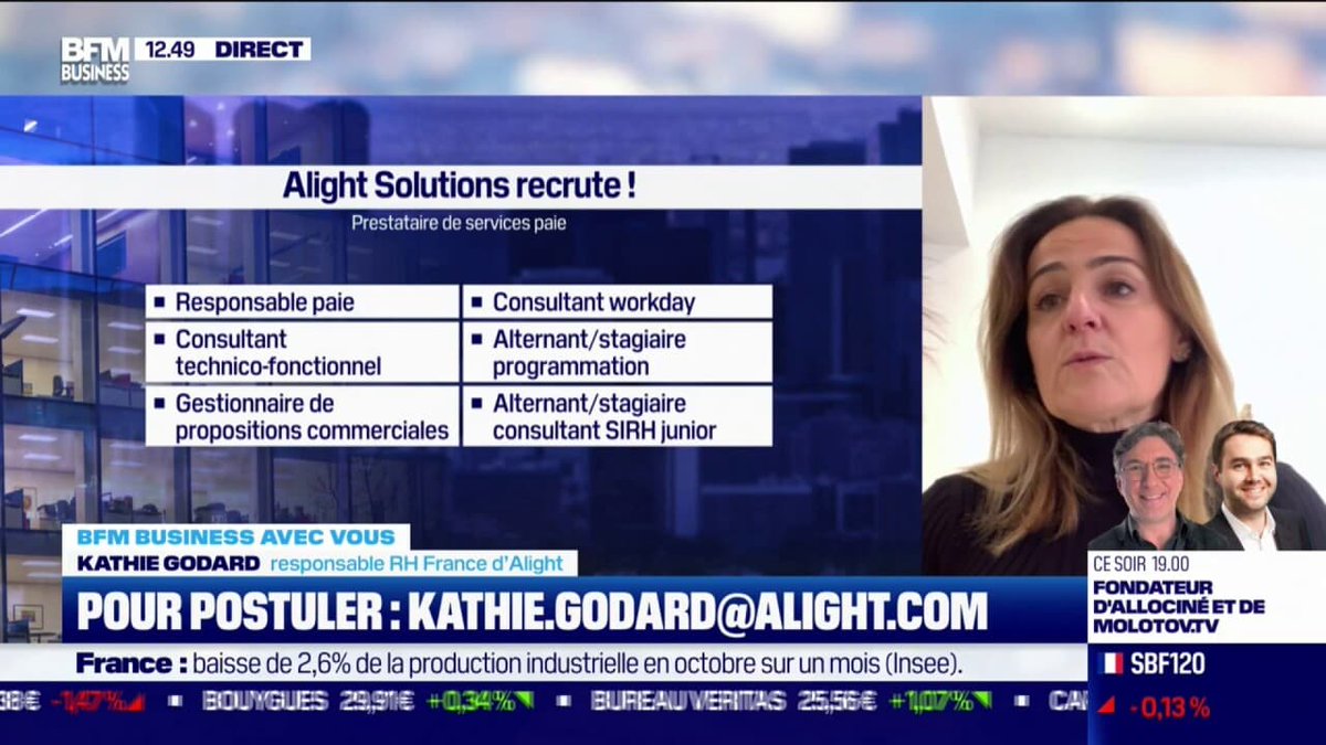 AlightSolutions's tweet photo. Kathie Godard, Directrice des RH chez #AlightSolutions France, a été l'invitée de @bfmbusiness la semaine dernière. L'occasion de présenter les métiers d'Alight ainsi que nos postes ouverts au #recrutement. Accédez dès maintenant au replay de l'émission https://t.co/MzaGGXVC60 https://t.co/3Ab0ydHDxr